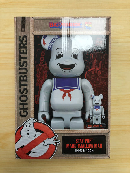 BearBrick BE@RBRICK Ghostbusters Stay Puft Marshmallow Man WHITE CHROME Ver. 100％ & 400％ NEW